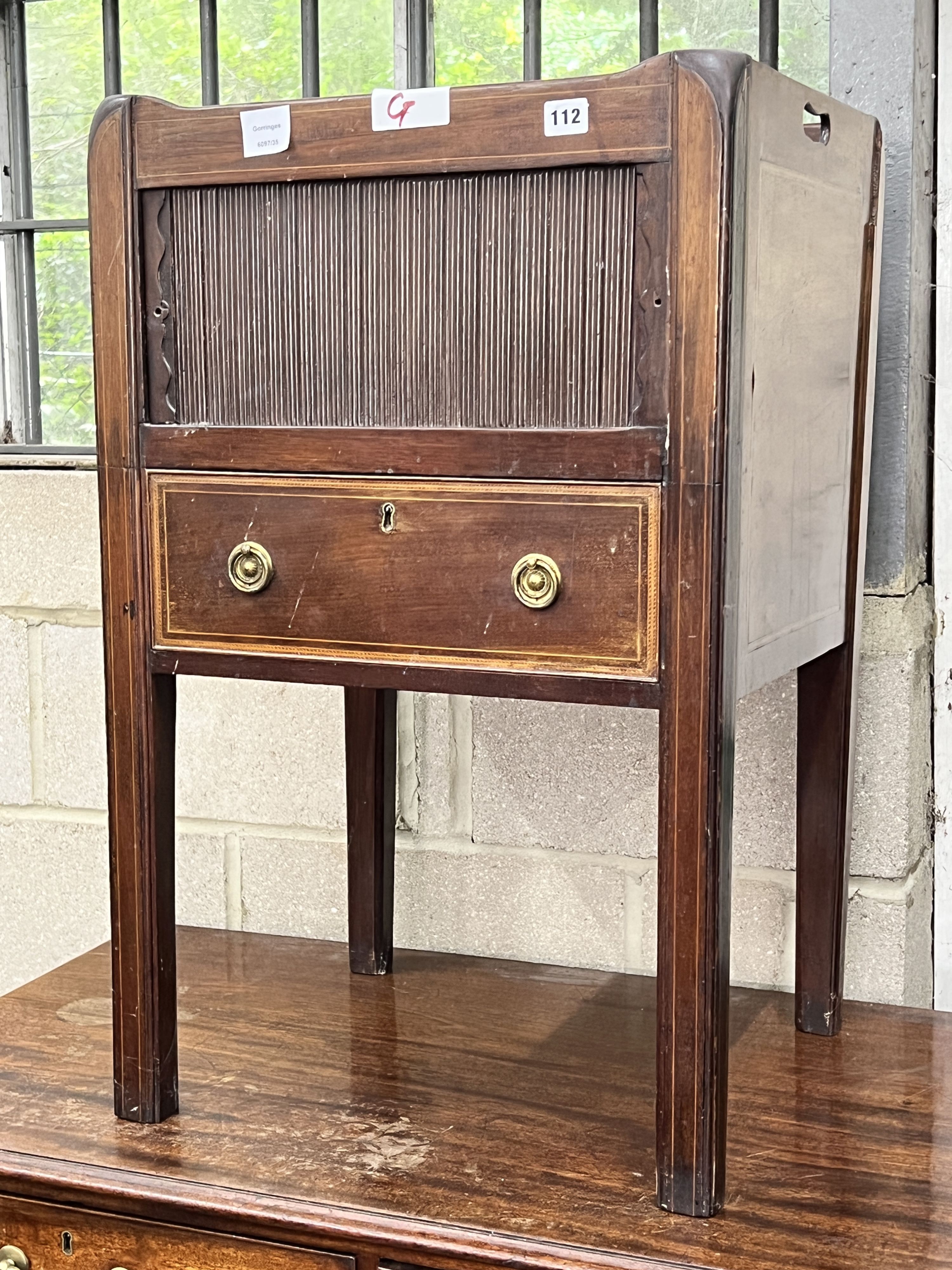 A George III mahogany tray top tambour bedside cabinet, width 51cm, depth 43cm, height 80cm